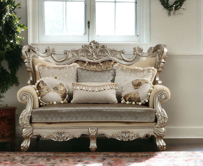 Damask Chesterfield Loveseat And Toss Pillows - Cream / Platinum