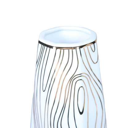 White Ceramic Vase With Gold Wood Grain Design - Elegant And Versatile Home Decor