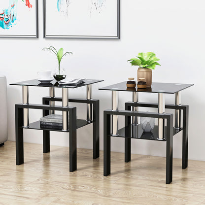 Modern Tempered Glass Tea Table, End Square Table For Living Room (Set of 2) - Black