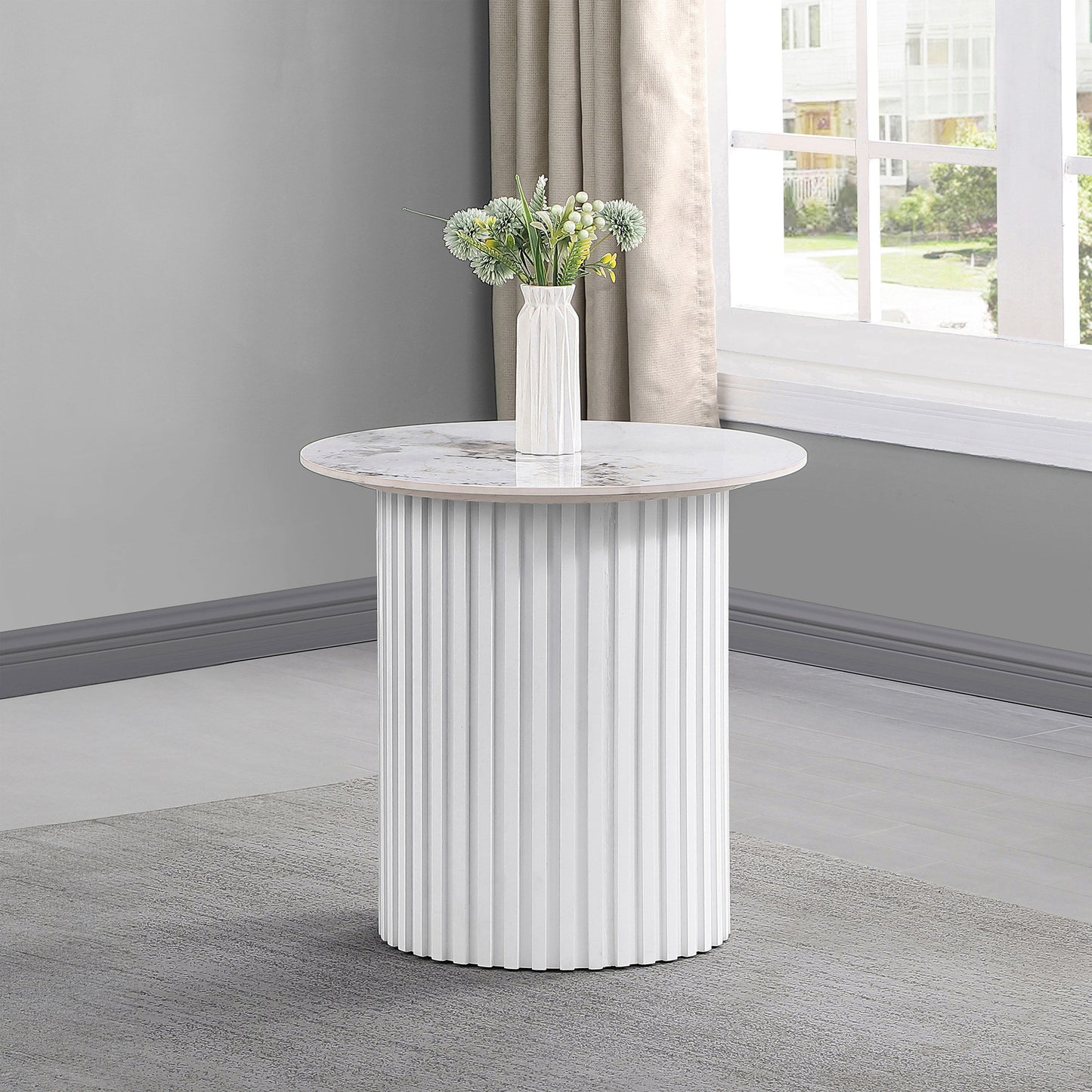 Rowena - Round Sintered Stone End Table - White Faux Marble