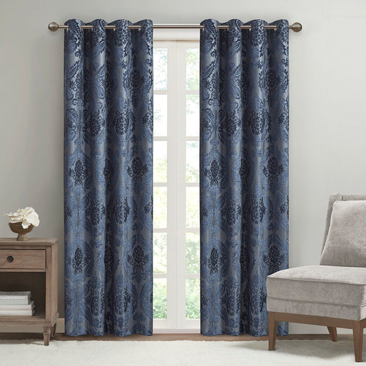 Knitted Jacquard Paisley Total Blackout Grommet Top Curtain Panel - Navy