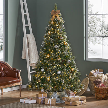 7' Brilste Mixed Hinged Tree With Snow And Glitter And 78 Frosted Pine Cones And 650 Clear LED Lights