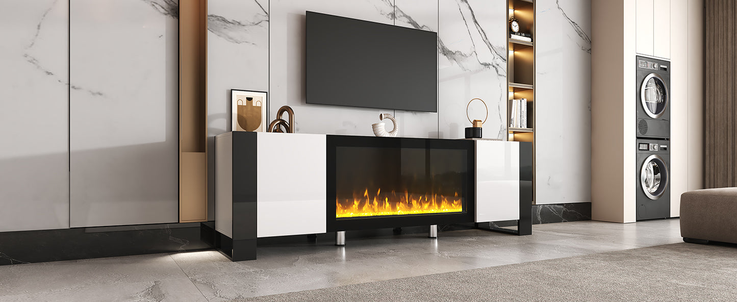 ON-TREND Modern TV Stand with 34.2" Non-heating Electric Fireplace, High Gloss Entertainment Center with 2 Cabinets, Media Console for TVs up to 78", White