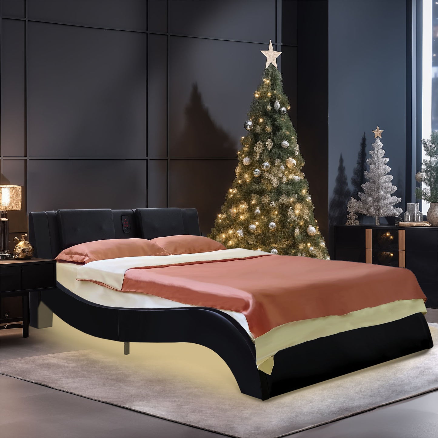 Upholstered Platform Bed Frame With LED Lighting, Bluetooth Connection To Play Music Control, Backrest Vibration Massage, Curve Design, Wood Slat Support