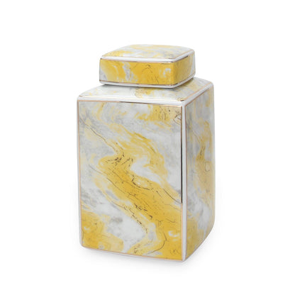 Square Glass Ginger Jar With Marble Design - Gold And Gray