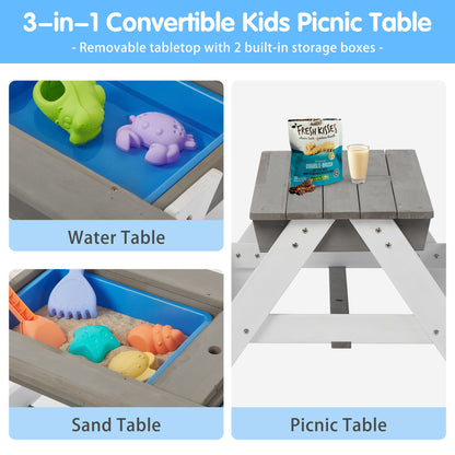 3-In-1 Kids Outdoor Wooden Picnic Table With Umbrella, Convertible Sand & Water, ASTM & CPSIA Certification