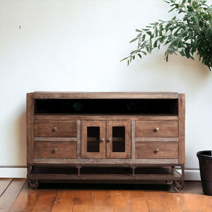 Cabinet Enclosed Storage Distressed, TV Stand - Brown