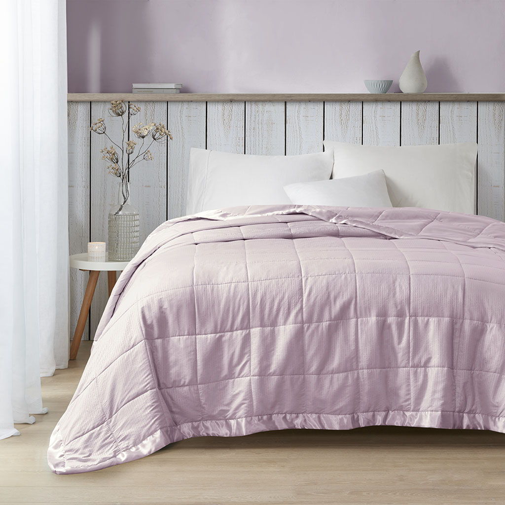 Oversized Down Alternative Blanket With Satin Trim - Lilac