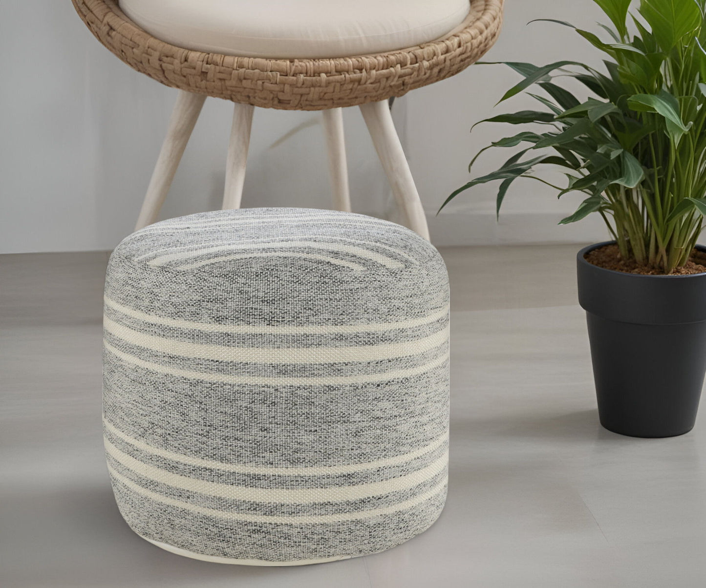 Polyester Round Striped Indoor Outdoor Pouf Ottoman - Gray