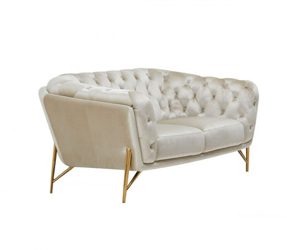 Tufted Velvet Chesterfield Love Seat - Pearl / Gold