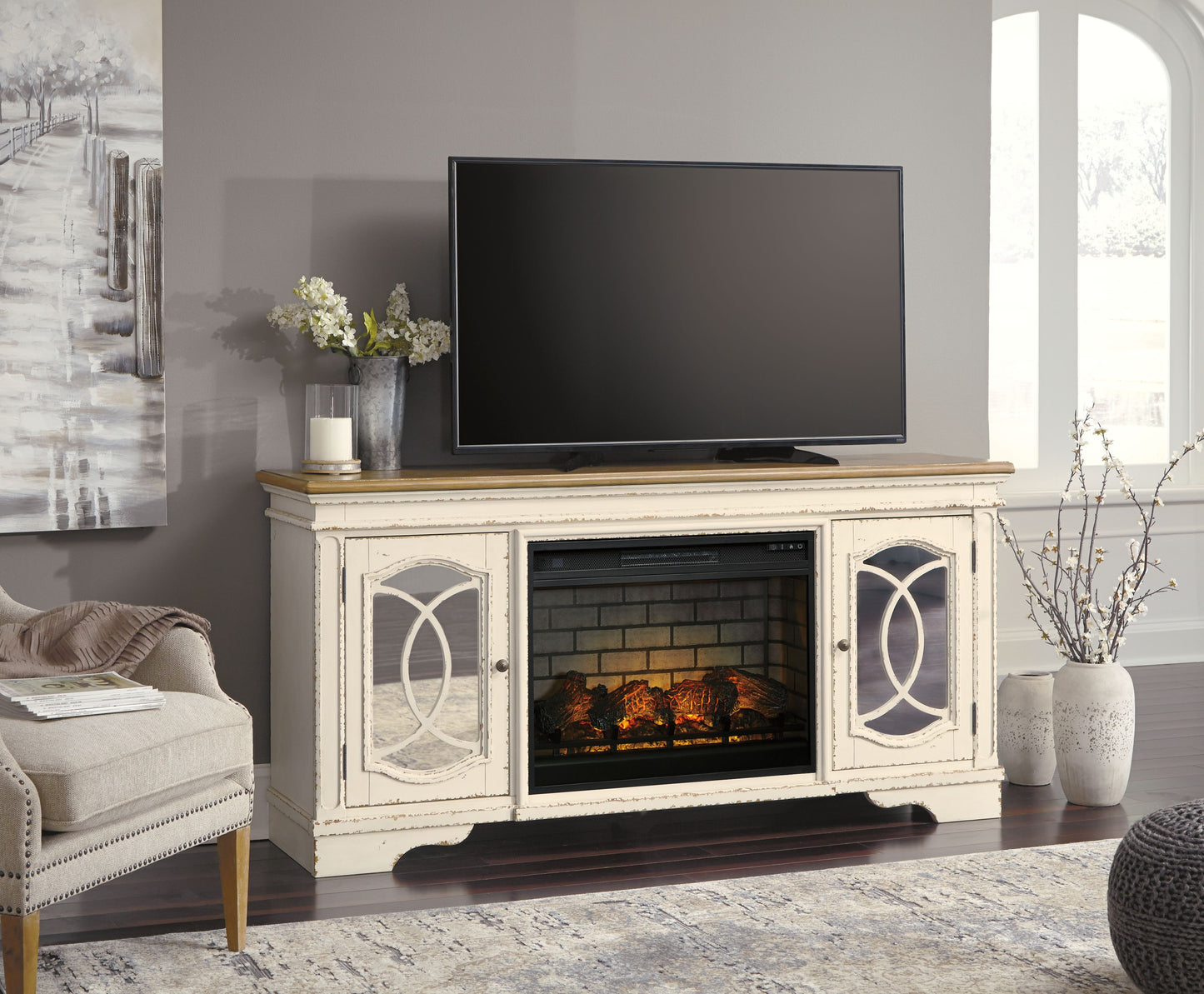 Realyn - Chipped White - 2 Pc. - 74" TV Stand with Electric Infrared Fireplace Insert