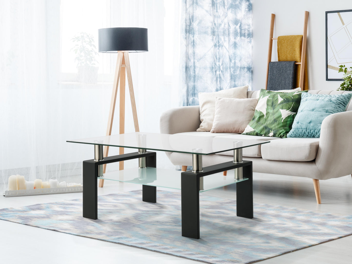 Rectangle Coffee Table, Modern Side Center Tables For Furniture - Clear / Black