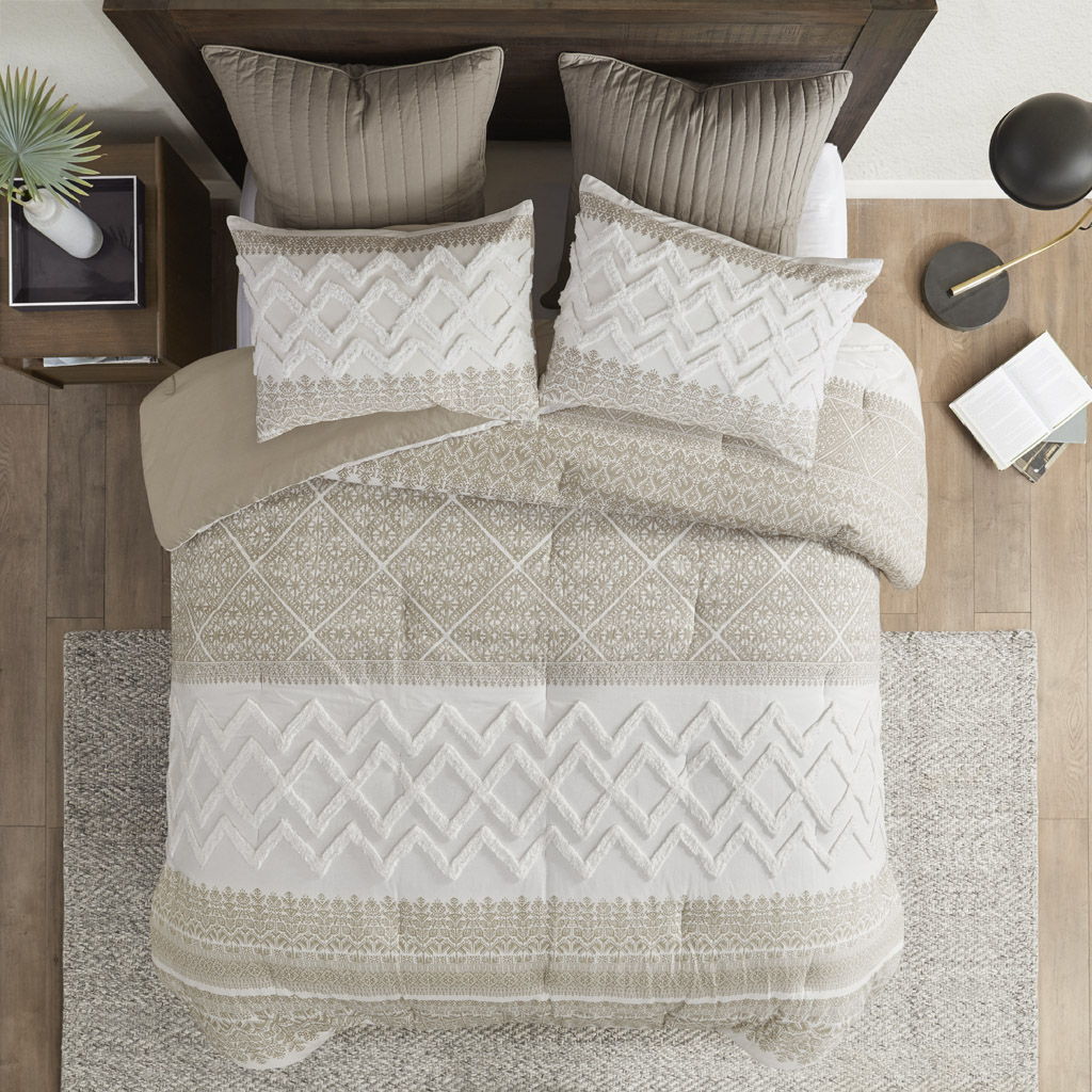 3 Piece Cotton Comforter Set With Chenille Tufting - Taupe