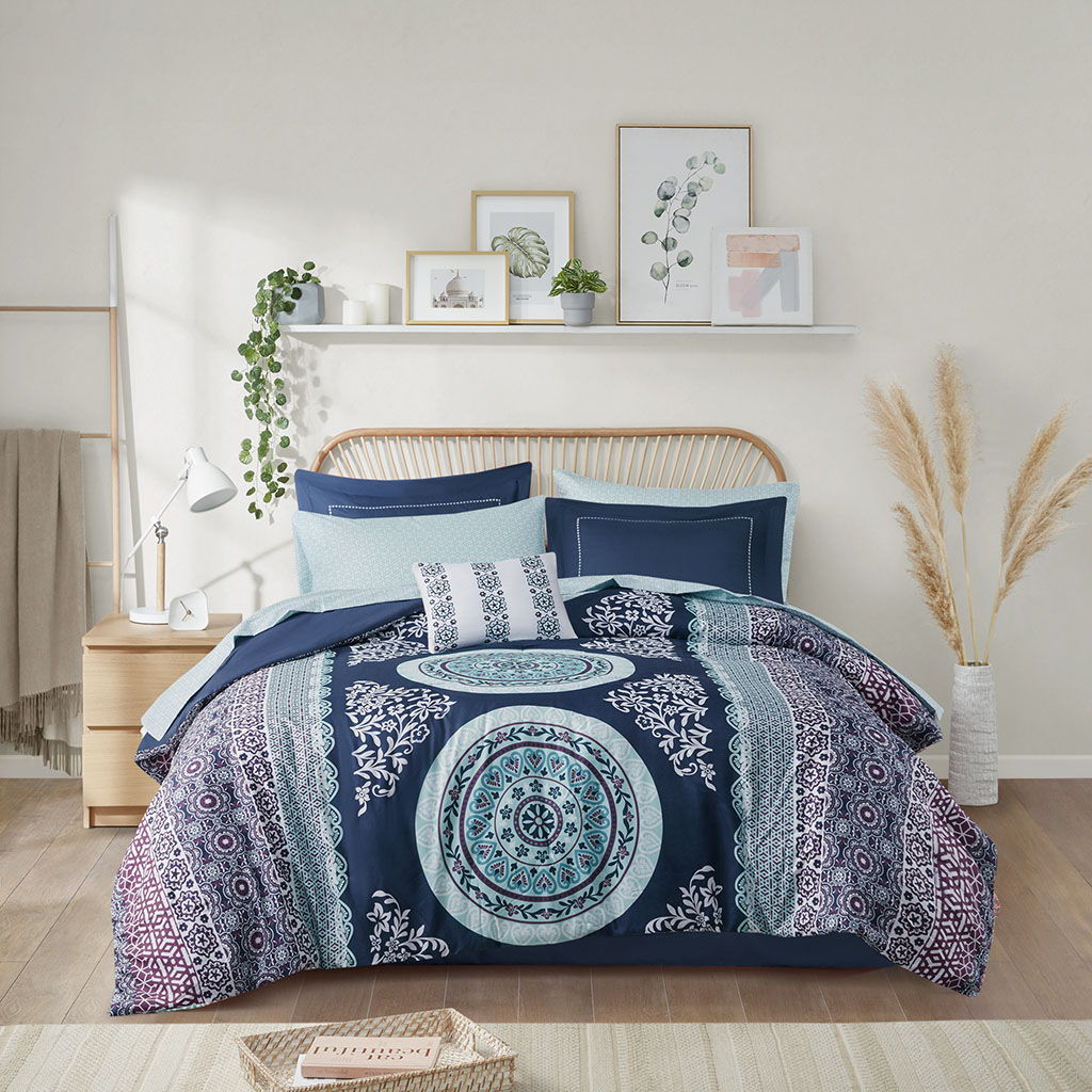 Loretta Twin Boho Comforter Set With Bed Sheets - Blue