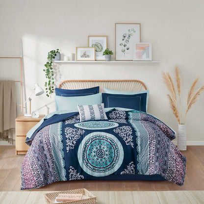 Loretta Twin Boho Comforter Set With Bed Sheets - Blue