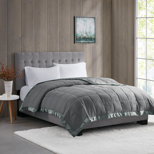 Lightweight Down Alternative Blanket With Satin Trim - Charcoal