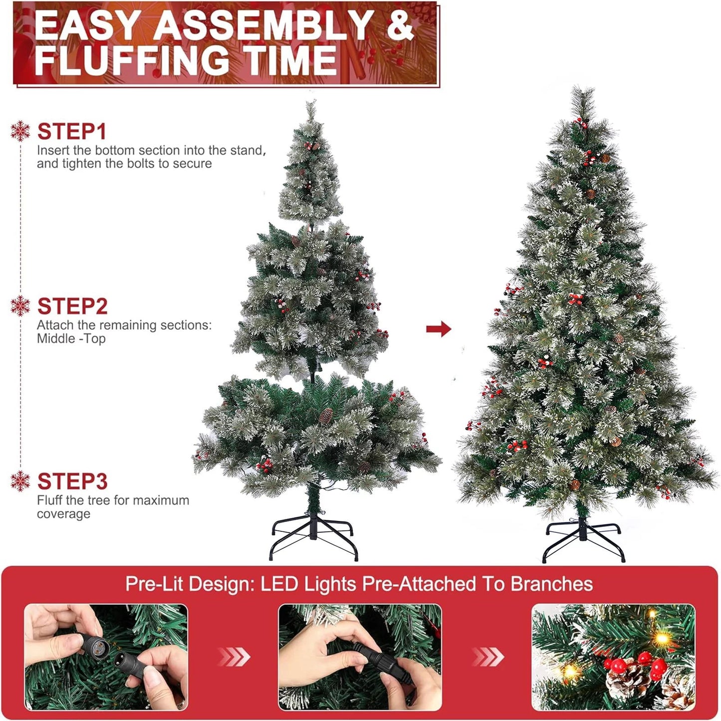 6.5Ft Pre - Lit Christmas Tree, Hinged Artificial Tree With 600Branch Tips, 200 Lights