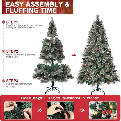 6.5Ft Pre - Lit Christmas Tree, Hinged Artificial Tree With 600Branch Tips, 200 Lights