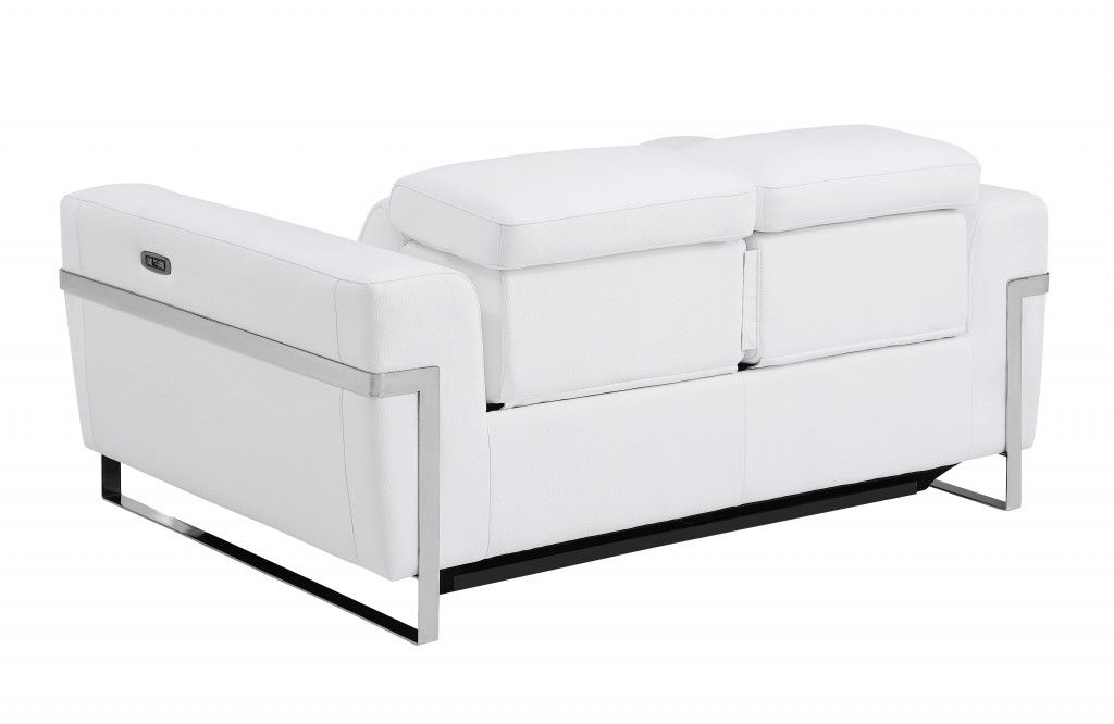 Italian Leather Power Reclining Loveseat - White / Silver