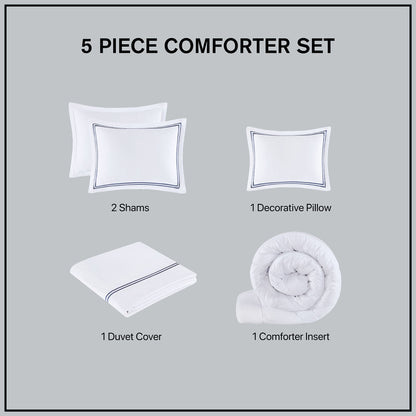 100% Cotton Sateen Embroidered Comforter Set, White / Navy