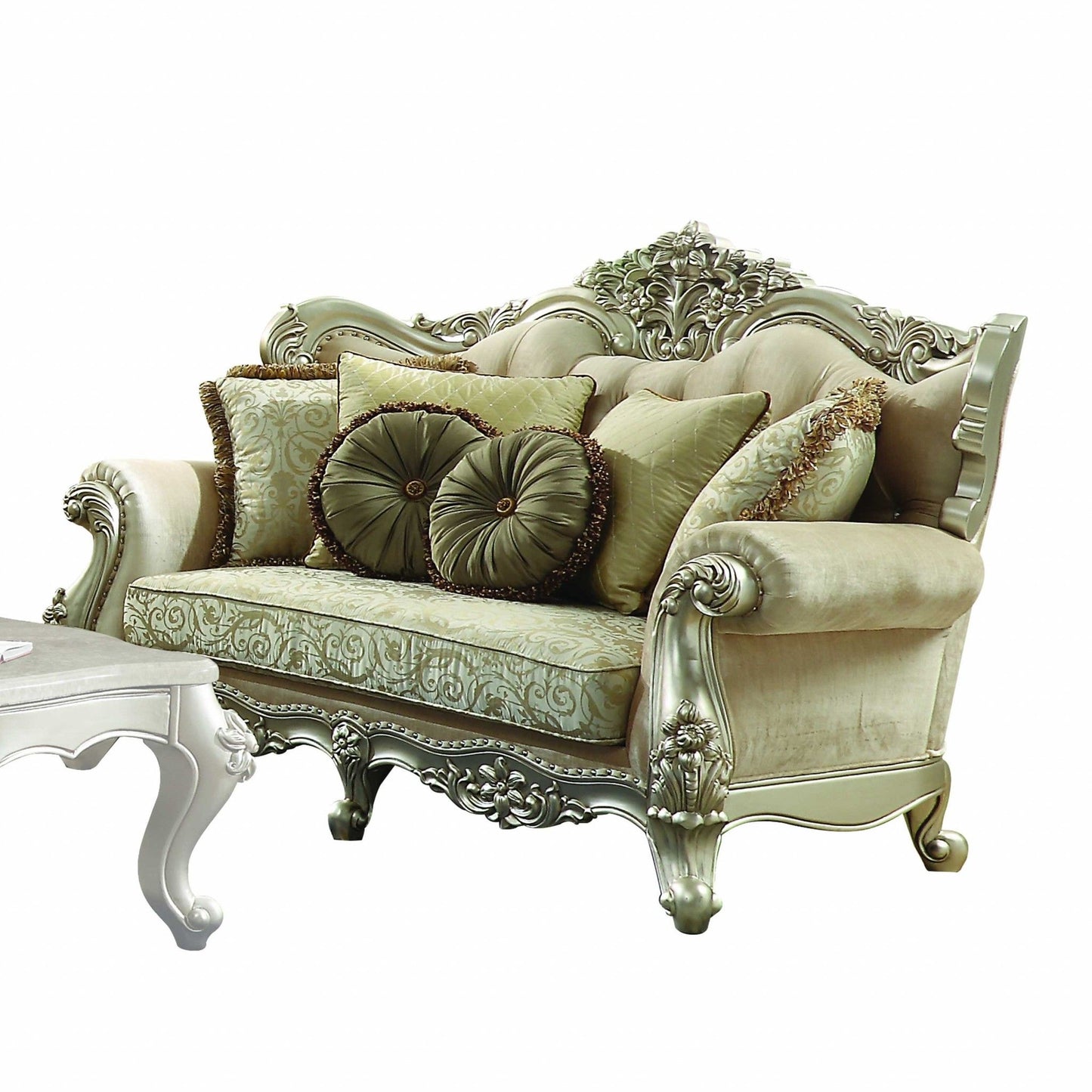 Polyester Blend Damask Chesterfield Loveseat And Toss Pillows - Green / Light Green