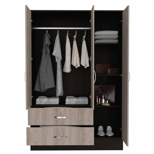 Three Door Wardrobe Closet With Mirror - Light Oak / Black