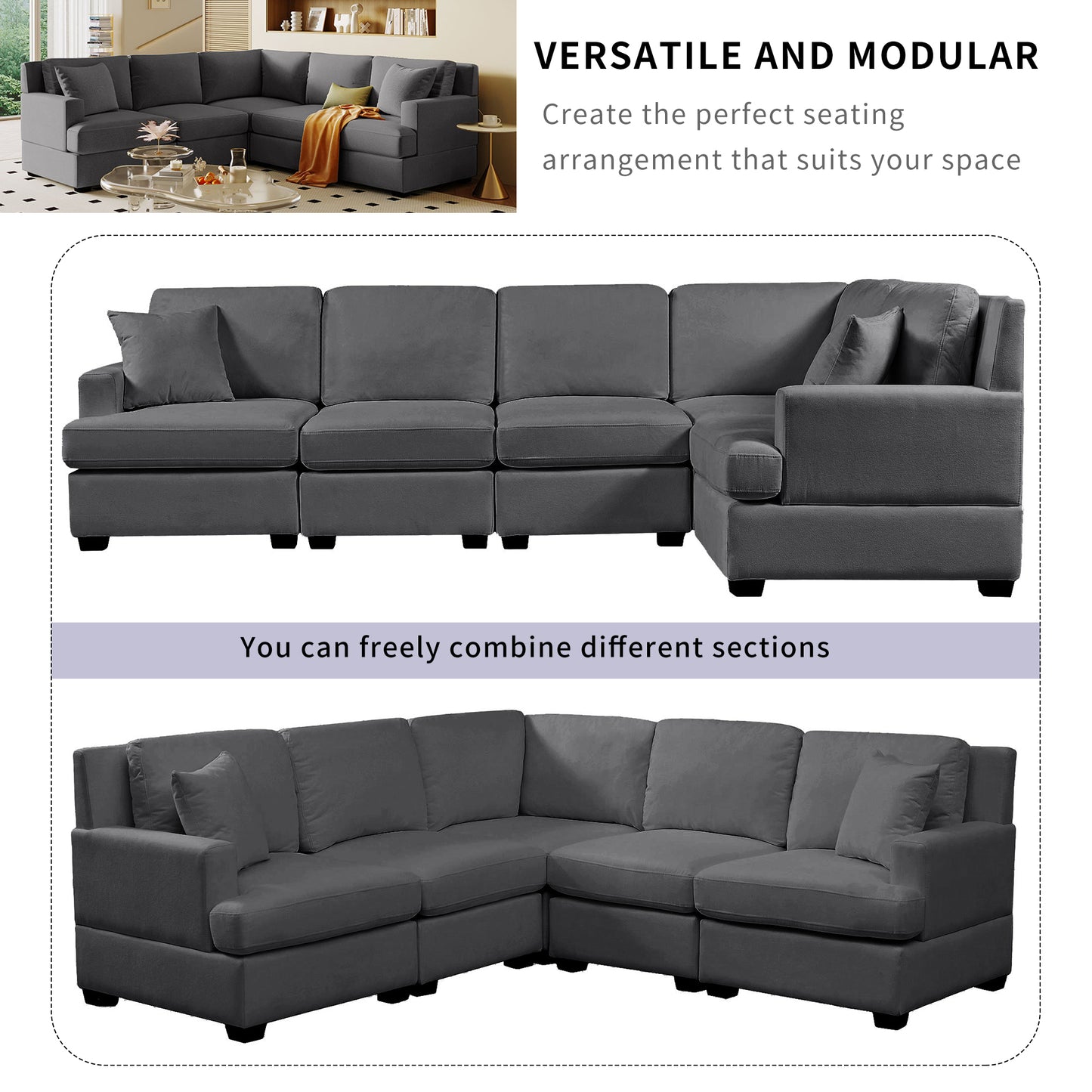 U_Style Sectional Modular Sofa with 2 Tossing cushions and Solid Frame for Living Room