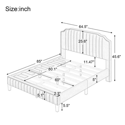 3 Pieces Bedroom Set Modern Linen Curved Upholstered Beige Platform Queen Bed with Two Black Cherry Nightstands