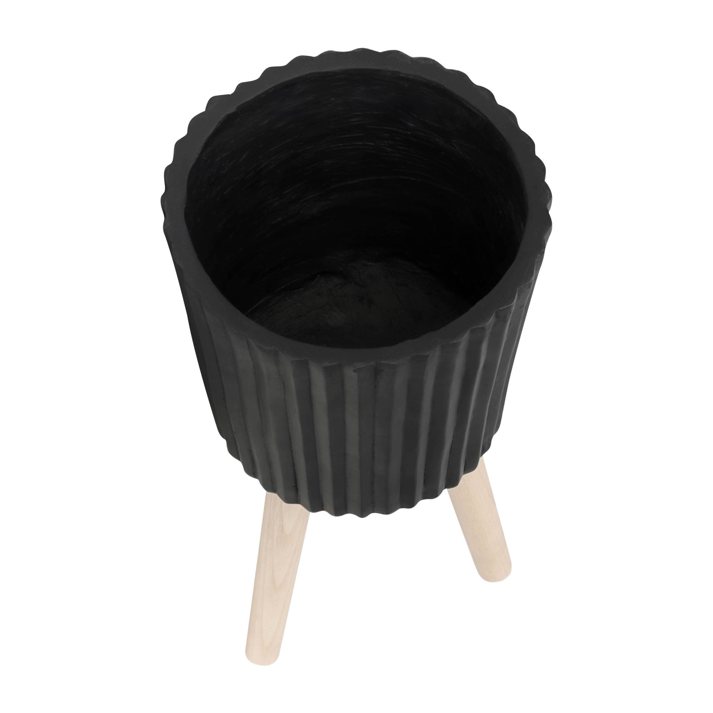 S/2 10/12" RIDGED PLANTER W/ WOOD LEGS, BLACK (KD)