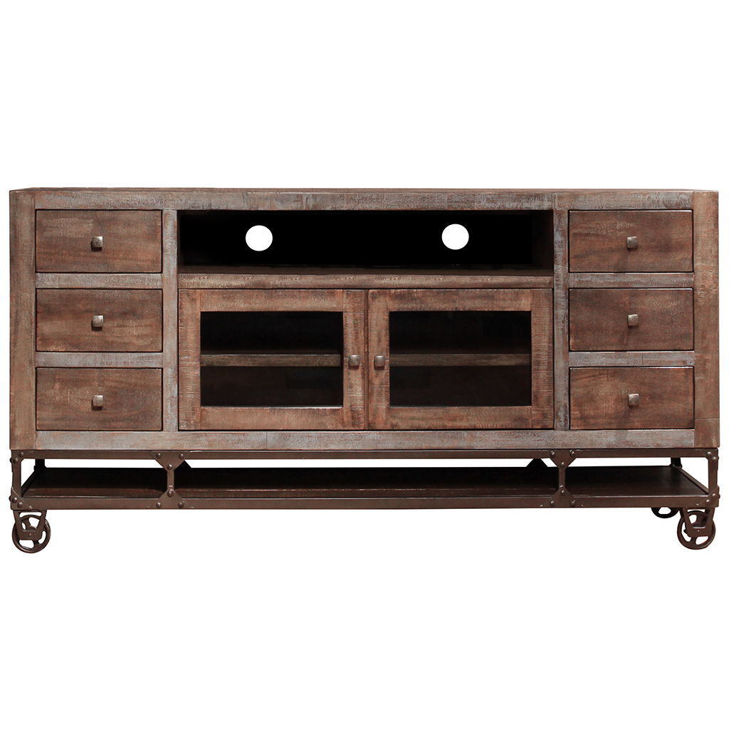 Solid Wooden Cabinet Enclosed Storage, Distressed TV Stand - Brown