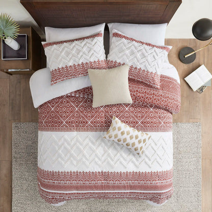 3 Piece Cotton Duvet Cover Set With Chenille Tufting - Auburn / Dark Red Cotton