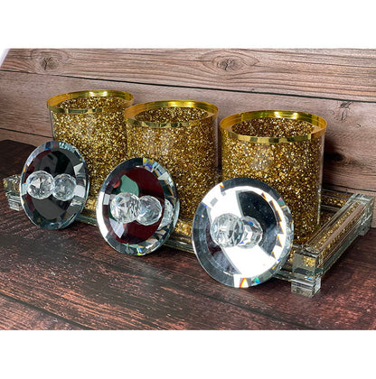 Ambrose Exquisite Tea, Sugar, Coffee Canisters With Tray In Crushed Diamond Glass In Gift Box - Gold