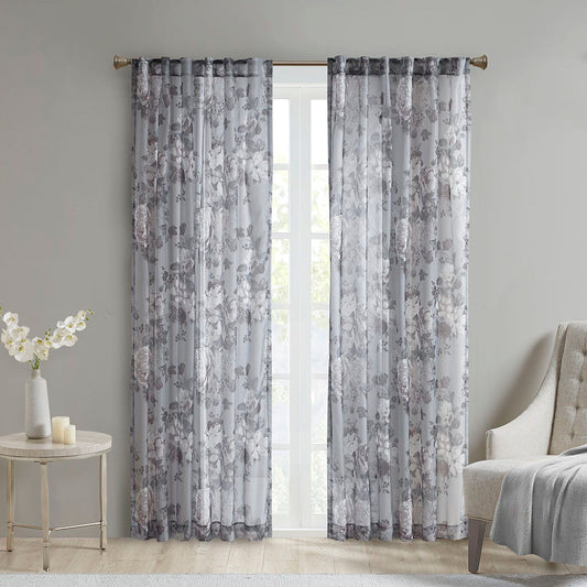 Printed Floral Rod Pocket And Back Tab Voile Sheer Curtain - Grey