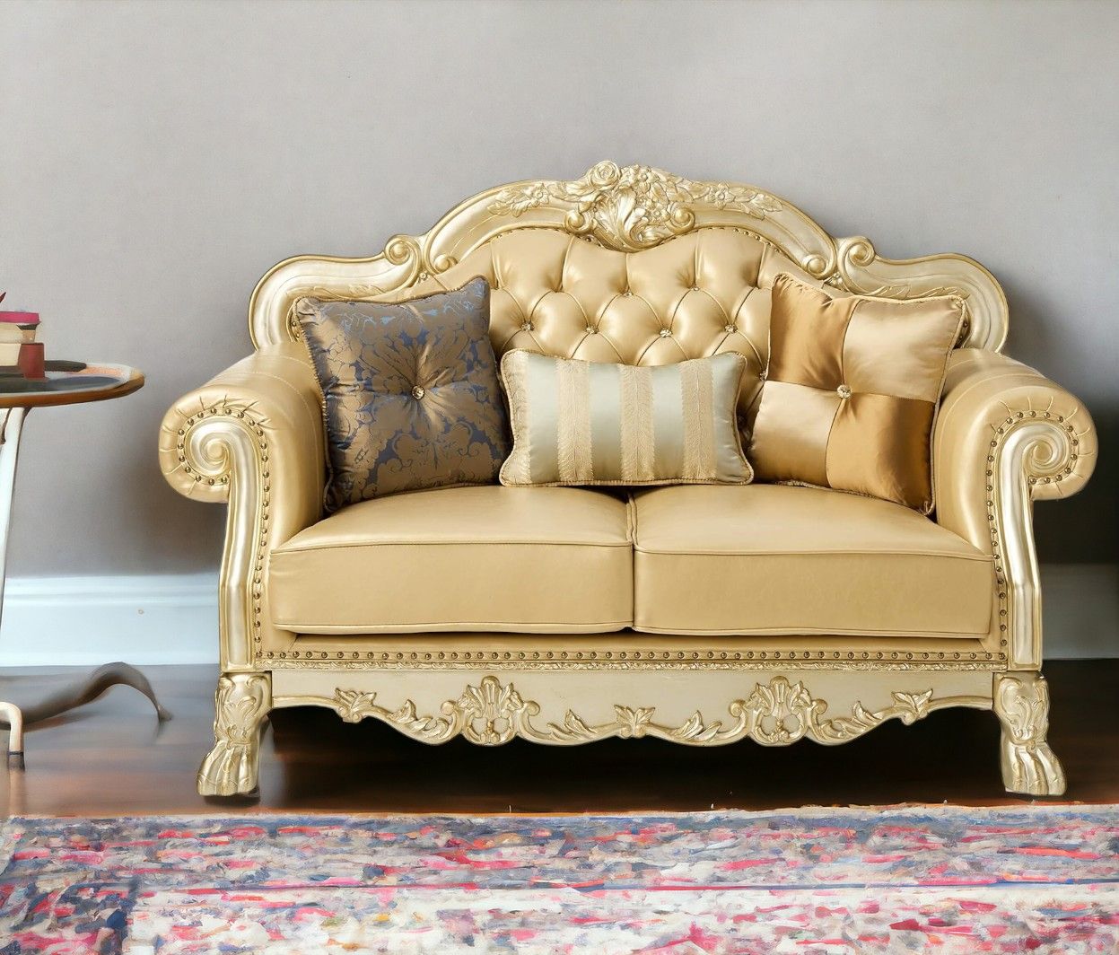 Faux Leather Loveseat And Toss Pillows - Bone / Gold