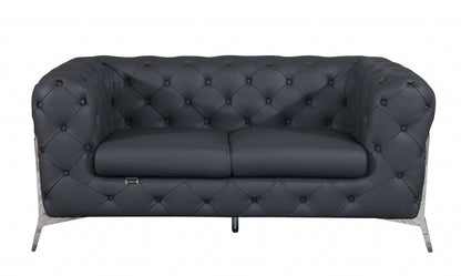 Italian Leather Loveseat - Gray / Silver