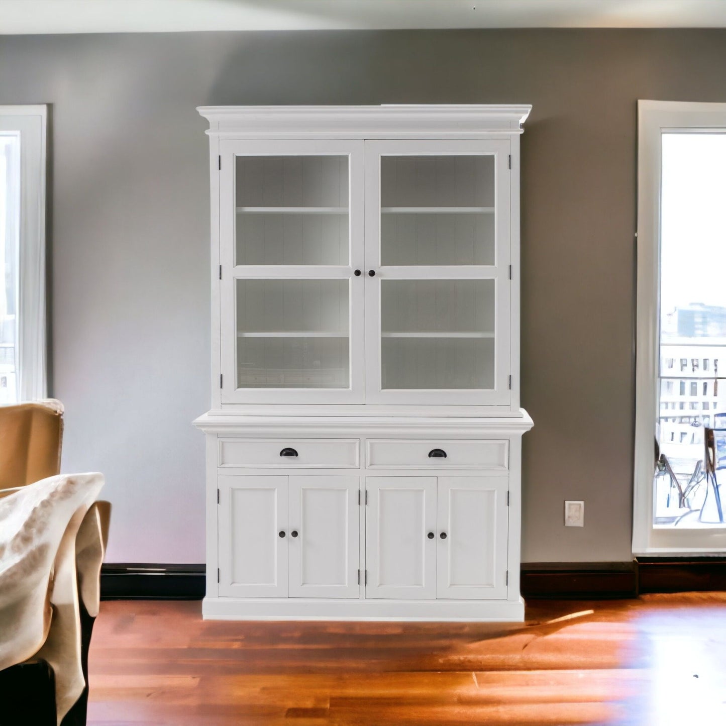 Solid Wood Frame Dining Hutch With Twelve Shelves And Two Drawers - White