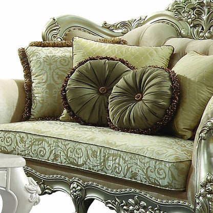 Polyester Blend Damask Chesterfield Loveseat And Toss Pillows - Green / Light Green