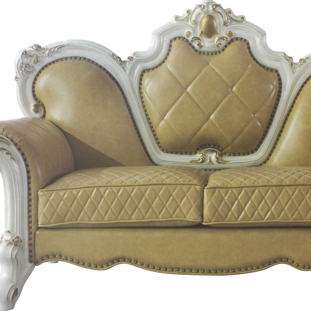 Faux Leather Loveseat And Toss Pillows - Golden Yellow / Pearl