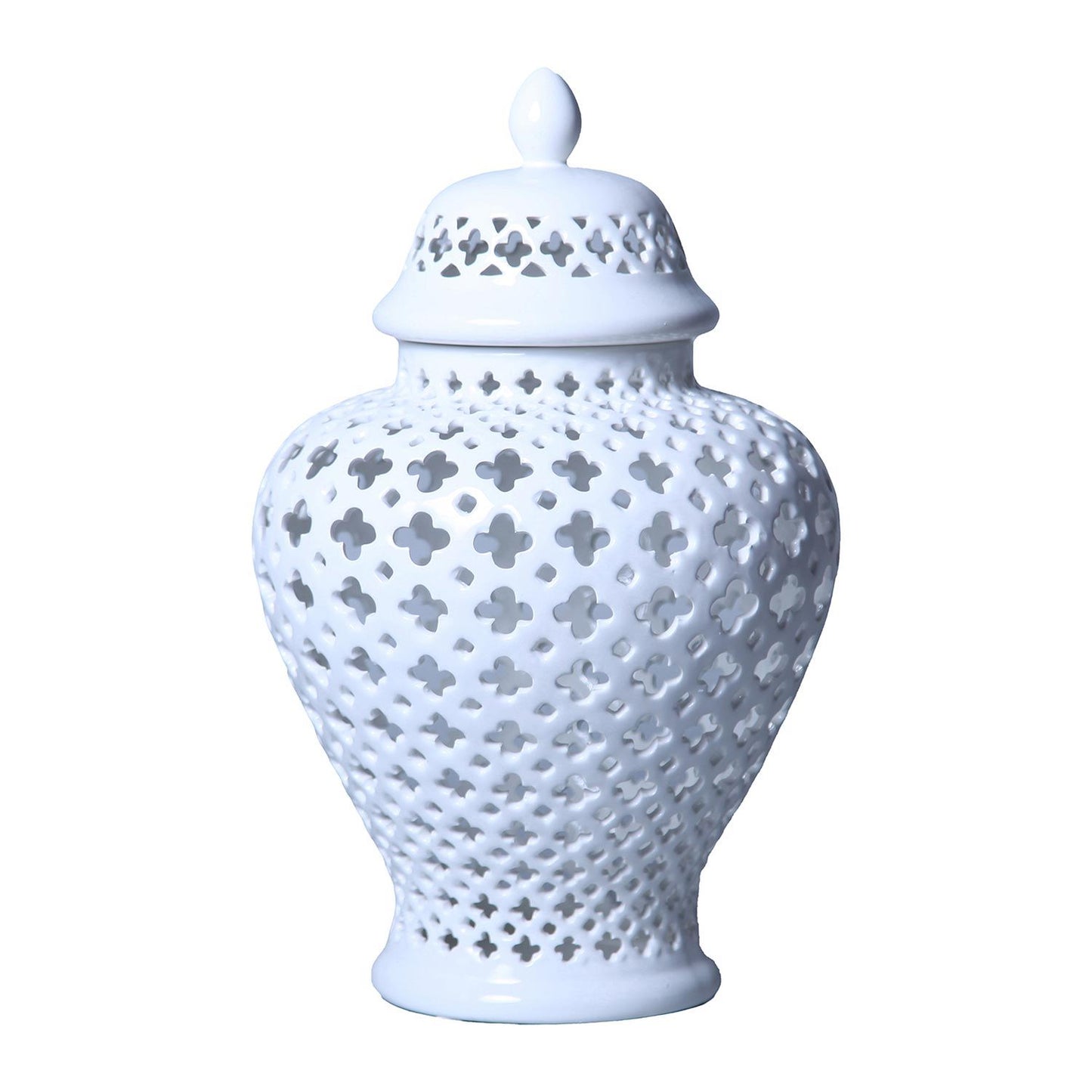 White Ceramic Ginger Jar Vase With Decorative Design And Removable Lid