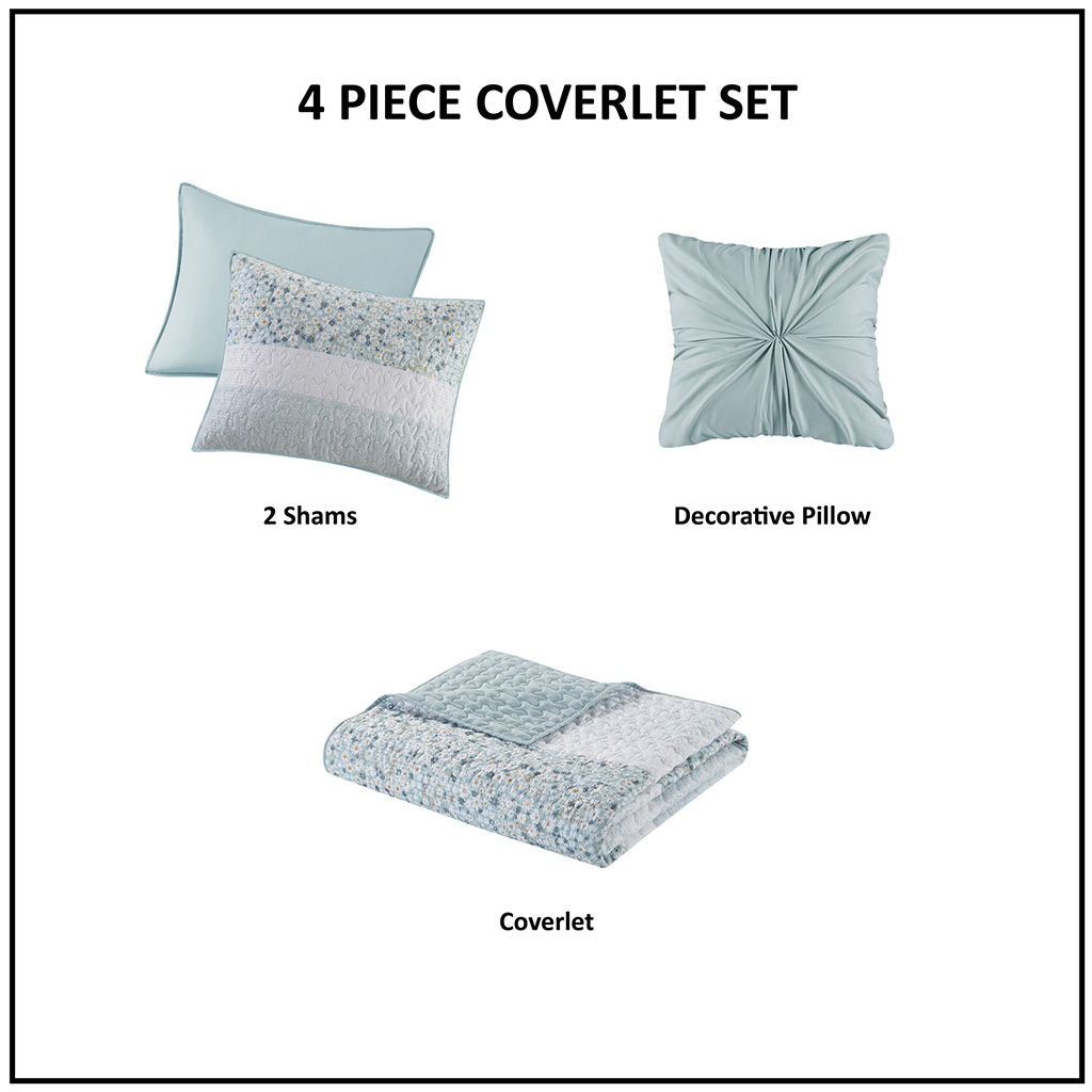 4 Piece Seersucker Quilt Set With Throw Pillow - Aqua