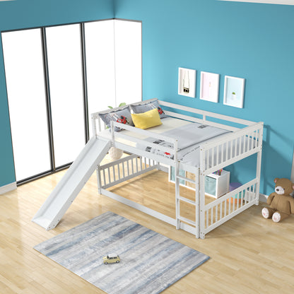 Full over Full Bunk Bed with Slide and Ladder in White Color