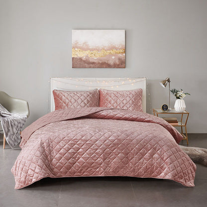 Felicia Queen Velvet Quilt Set - Pink