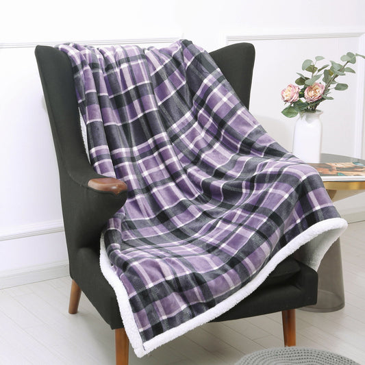 Plaid Flannel Sherpa Throw Blanket - Purple