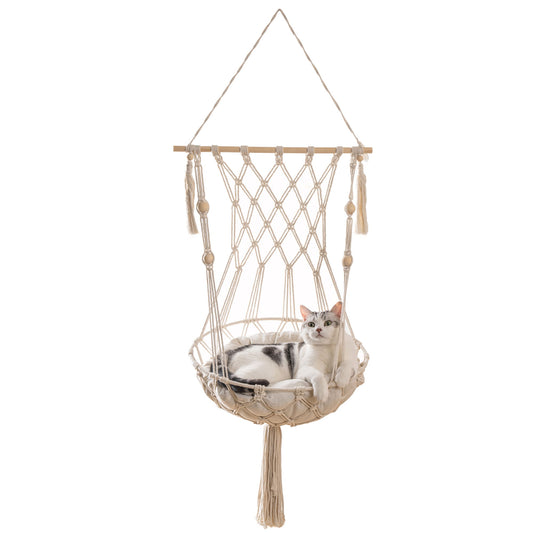 Macrame Cat Hammock, Hanging Cat Bed Hammock Cat Swing For Indoor Cats, Boho Cat Swing Bed For Sleeping - Beige