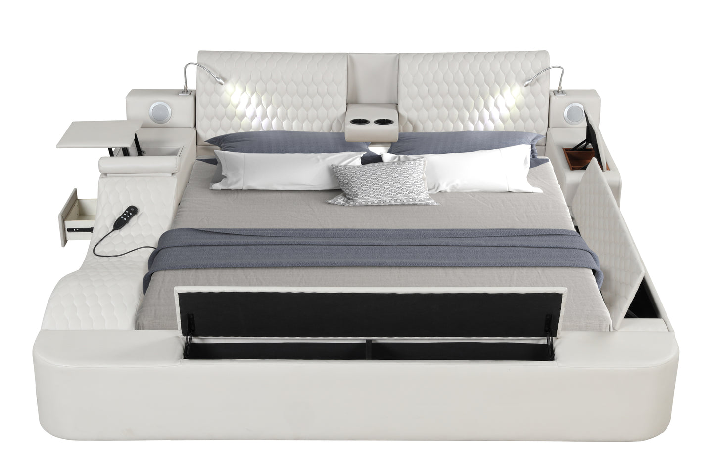 Zoya Smart Multifunctional Queen Size Bed Made with Wood in White