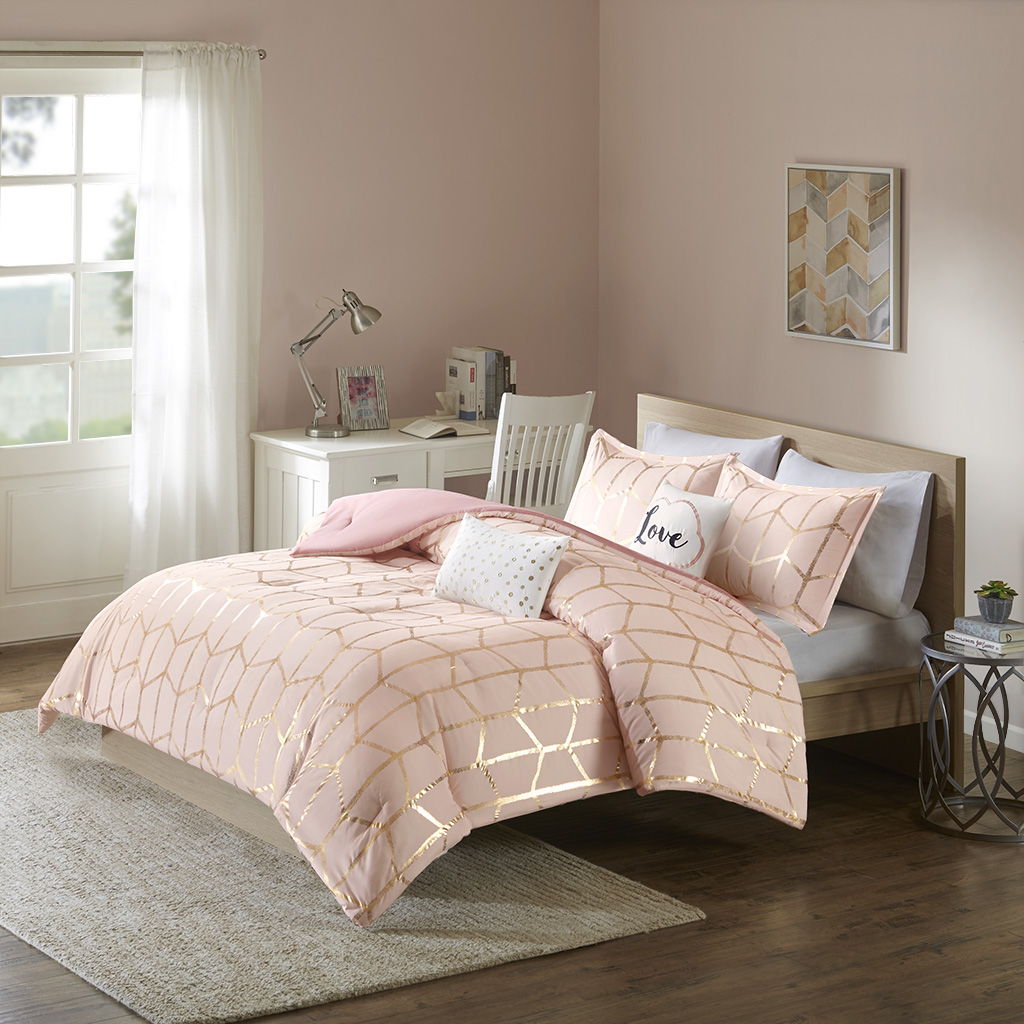 Raina Twin Long Metallic Printed Comforter Set - Pink