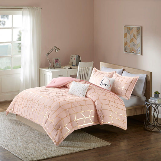 Raina Twin Long Metallic Printed Comforter Set - Pink