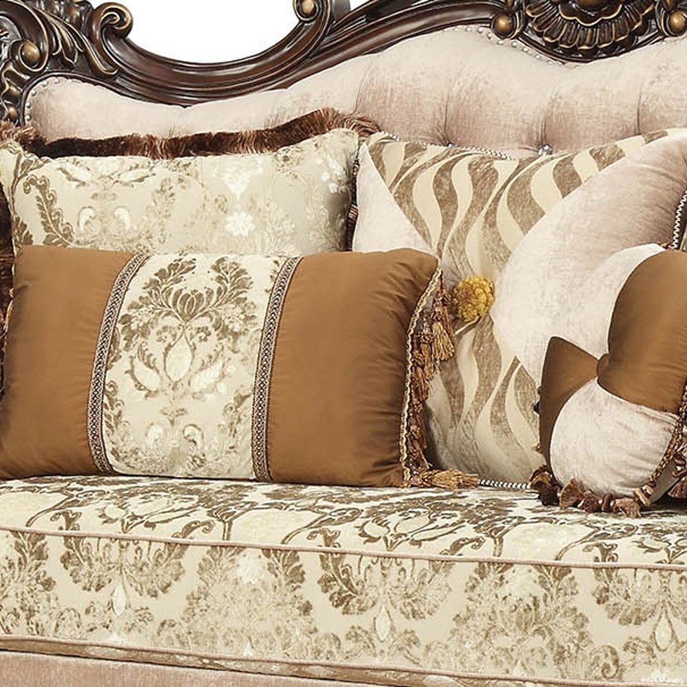 Damask Loveseat And Toss Pillows - Beige / Brown