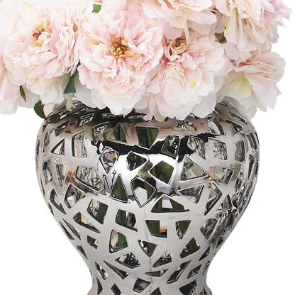 Silver Ceramic Ginger Jar Vase With Decorative Design