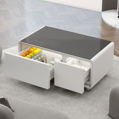 Modern Smart Coffee Table With Built-In Fridge - Bluetooth Speaker, Wireless Charging, Touch Control Panel, USB Interface, Outlet Protection, Atmosphere Light